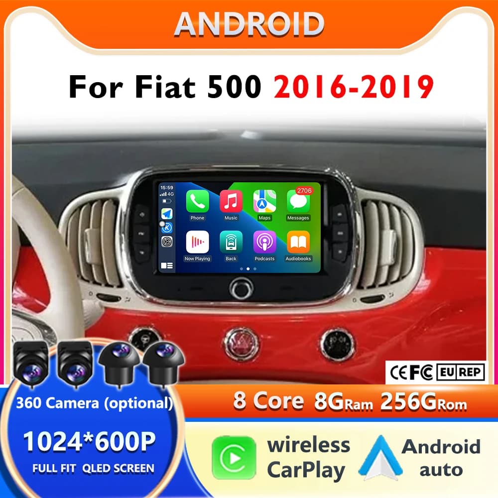 Android15 For Fiat 500 2016 - 2019 Autoradio Multimedia Reader Videos Navigation Carplay Stereo GPS WIFI DSP Carplay Android Car