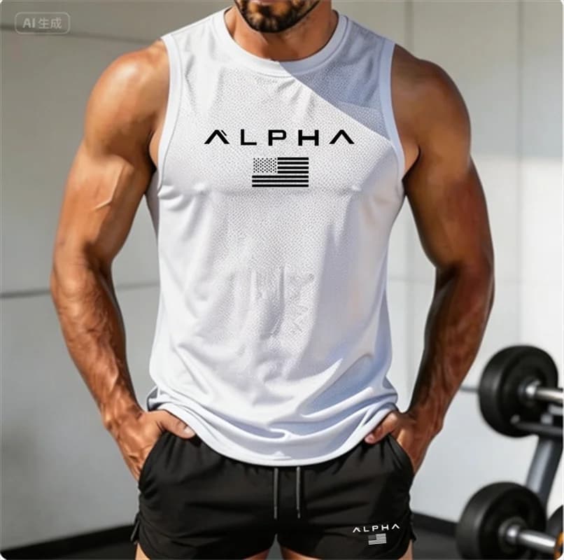 Canotta da Fitness da Uomo Alpha 2026 Stampata a Girocollo, Canotta da Basket a Rapida Asciugatura per Muscoli