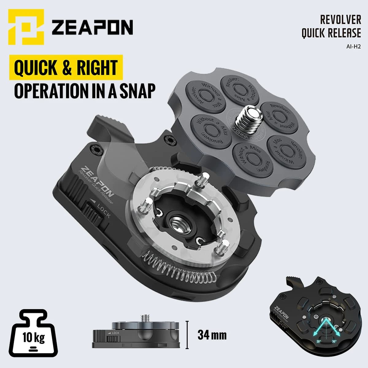 ZEAPON Al-H2 Revolver Base Morsetto Piastra Treppiede 1/4 ''3/8 ''Piattaforma a vite per DSLR Cursore Treppiede Pan Tilt Rail Videocamera