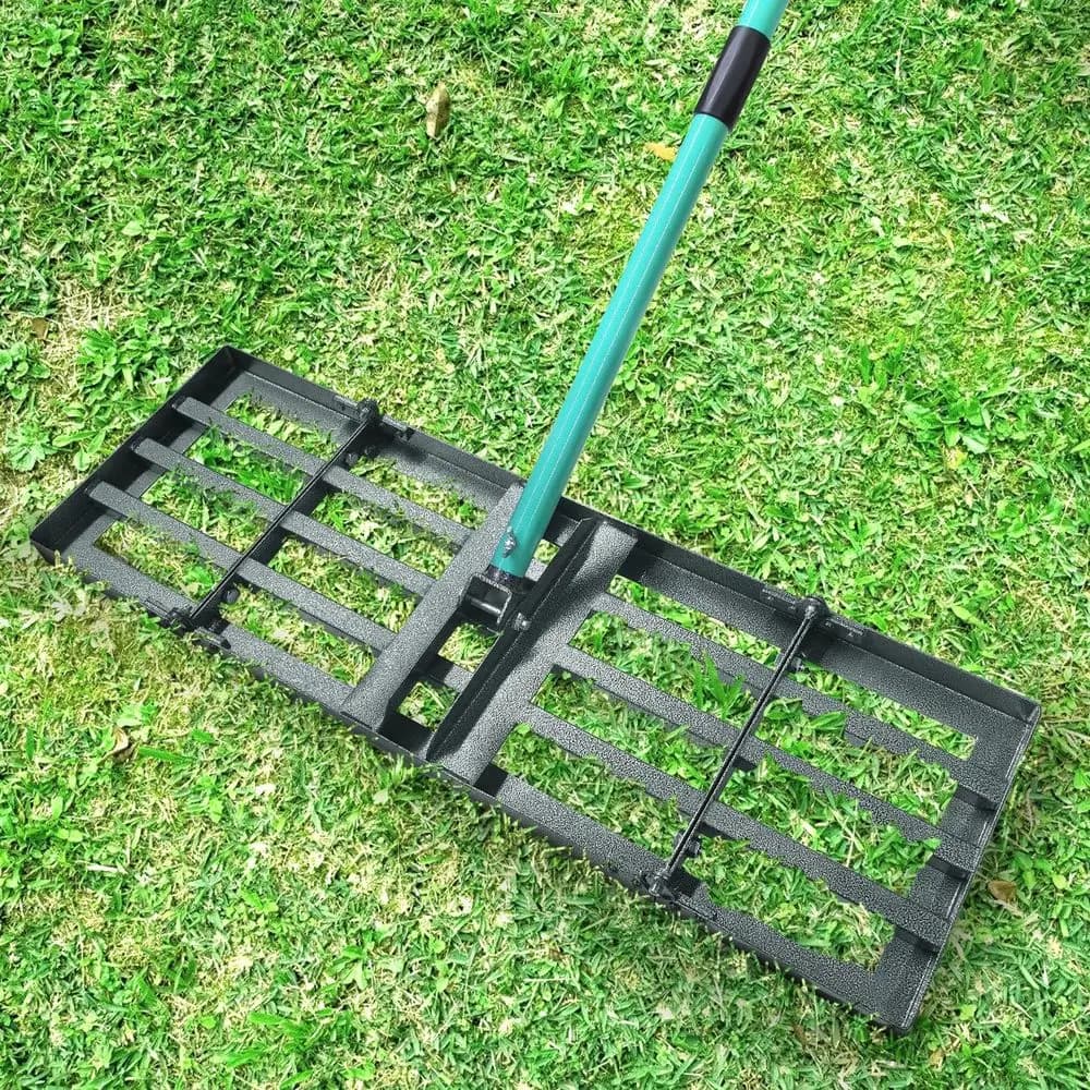 Rastrello Livellatore per Prato 48x10, Piastra Pesata e Pieghevole, Rastrello Livellatore per Giardino Resistente con Manico Regolabile in Acciaio Inossidabile da 77 Pollici