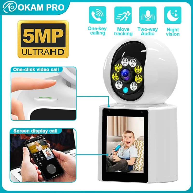 Telecamera per Casa OKAM PRO con Videochiamata, Interfono, HD 5MP, Wi-Fi, Monitoraggio Mobile, Visione Notturna, PTZ e Comunicazione Bidirezionale