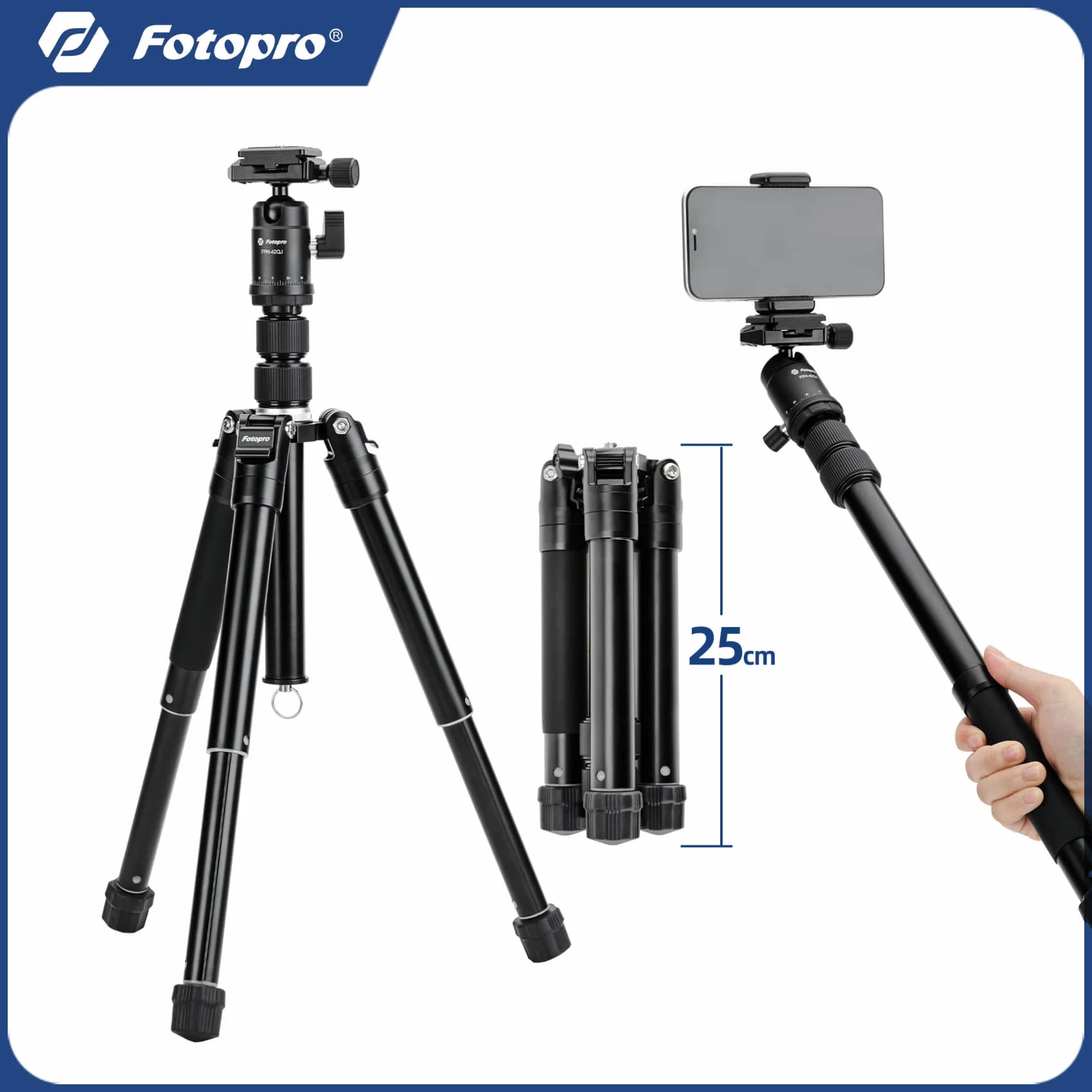 Treppiede per fotocamera compatto Fotopro FY830, supporto per telefono portatile, selfie stick staccabile per concerti di riprese video in viaggio