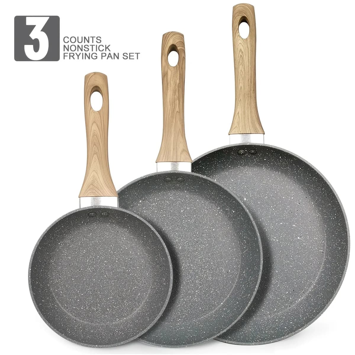 Non-Stick Frying Pan Set – 3-Piece (7", 9.5", 11") with Heat-Resistant Insulated Handles • Dishwasher Safe • Induction Compatibl