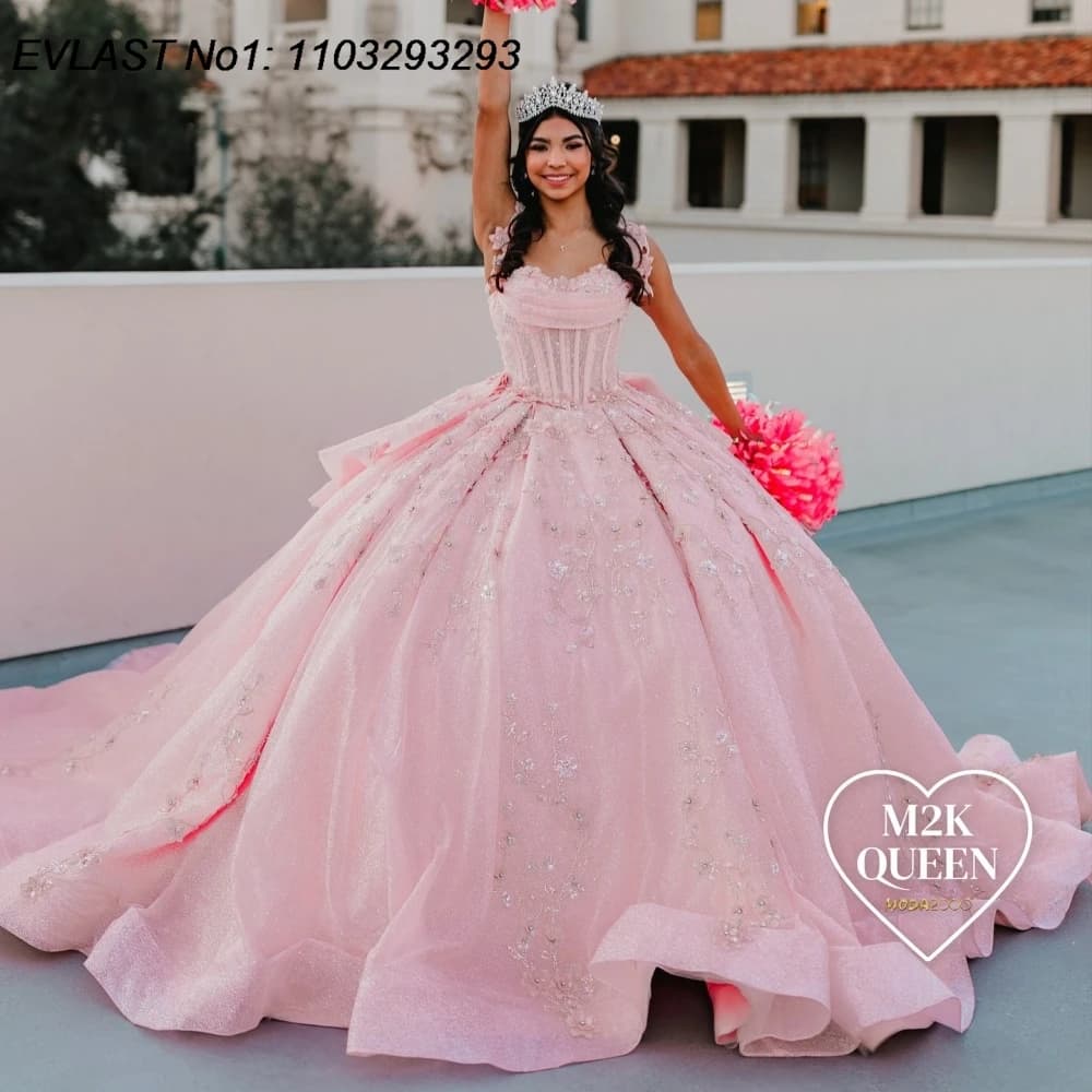 EVLAST Personalizzato Rosa Abito Quinceanera Abito di Sfera Applique di Pizzo di Cristallo In Rilievo Arco Corsetto Dolce 16 Abiti Da 15 Anos E1QN710