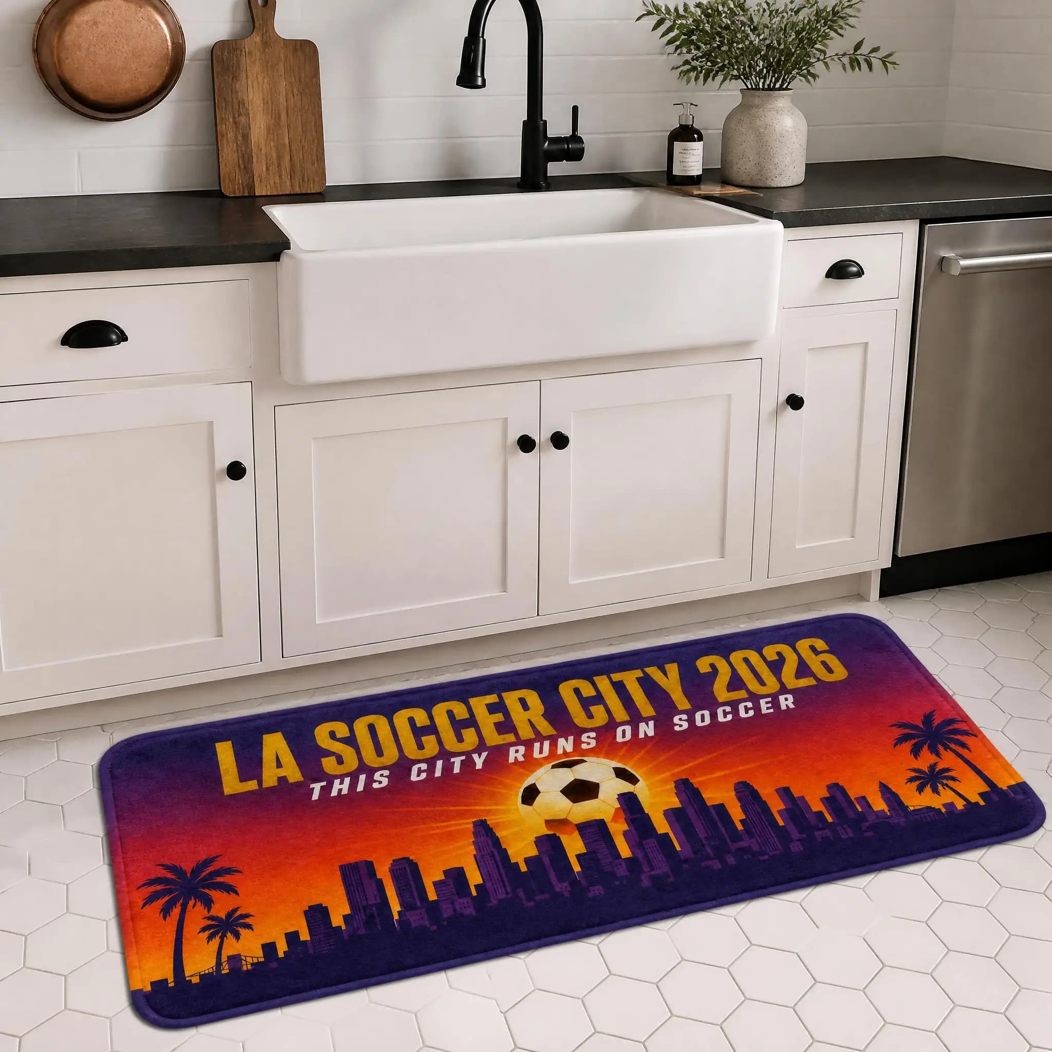 LA Soccer City 2026 Floor Mat, This City Runs On Soccer Sunset Skyline Design Non Slip Kitchen Rug, Sports Fan Decor Mat for Hom
