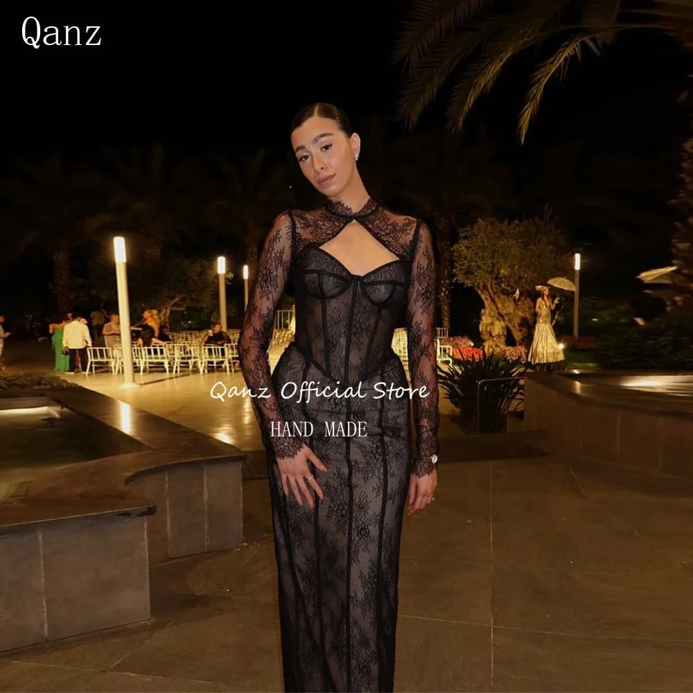 Qanz Moder Abiti da sera neri con giacca Abiti in pizzo Para Mujer Sirena Sheer Maniche lunghe Abito da festa con spacco Personalizzato