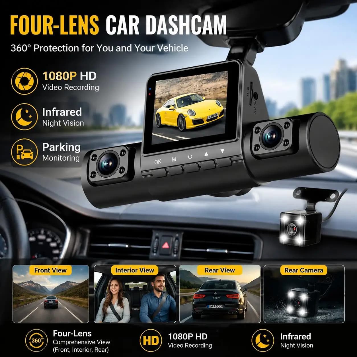 4 Lens Dash Cam 1080P Full HD 360 Degree View Car DVR 3.16 Inch IPS Screen Night Vision G Sensor Loop Recording Parking Monitor Wide Angle Laptop Connection Dashboard Camera for Complete Interior Exterior Safety Professional Vehicle Driving Recorder