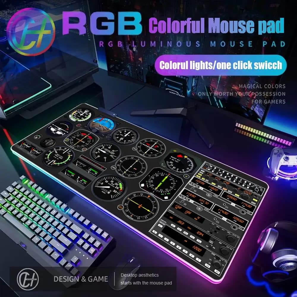 Tappetino per Mouse Gaming RGB HYBXAXC 900x400x4mm, Tappetino da Scrivania HD Grande con Illuminazione LED XXL, Tema Aviazione