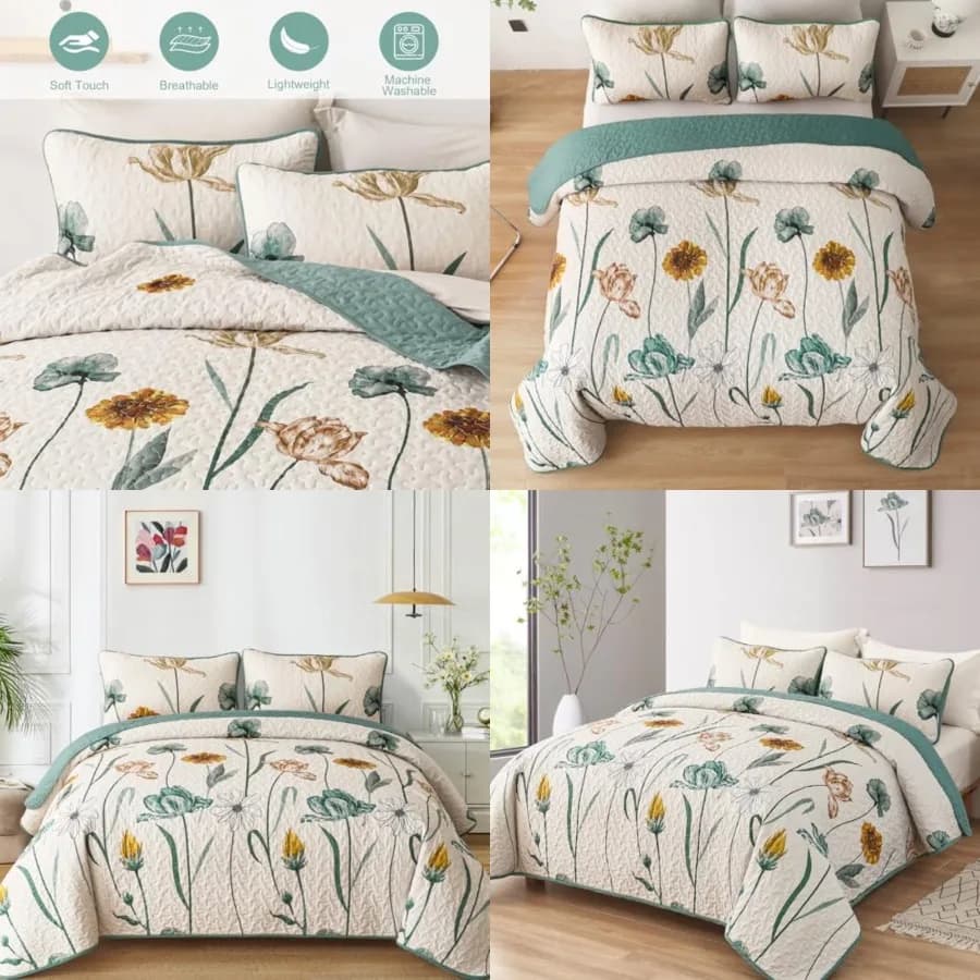 Set Copripiumino Floreale Queen, Copriletto Botanico Verde con 2 Federe, Set Biancheria da Letto Leggero Primavera Estate Stile Rustico