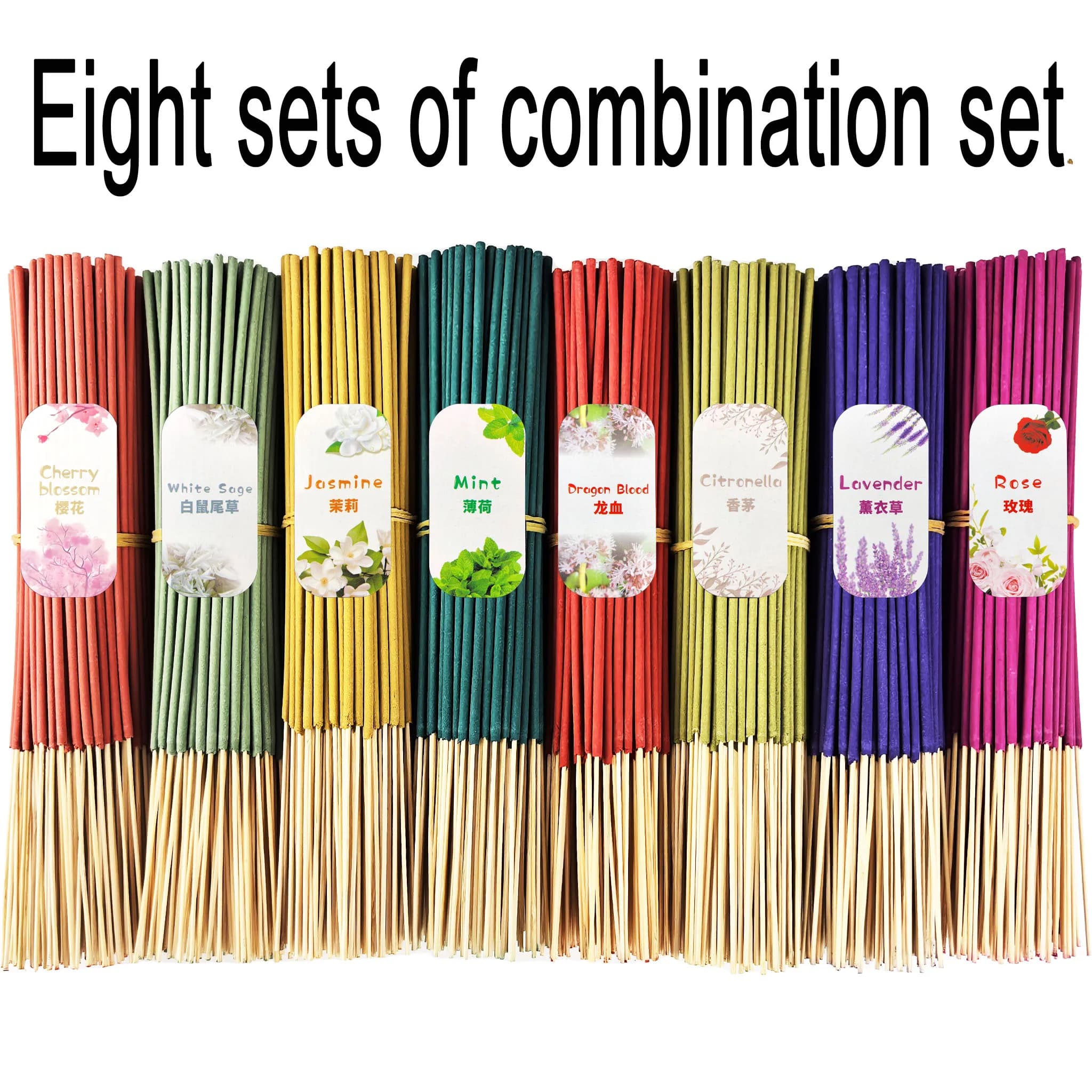 8 set of aromatherapy sticks combined with 208 high quality pieces - Contains lavender, citronella, dragon blood, rose, jasmine, sage, mint and other essences - Suitable for purification, relaxation, office use