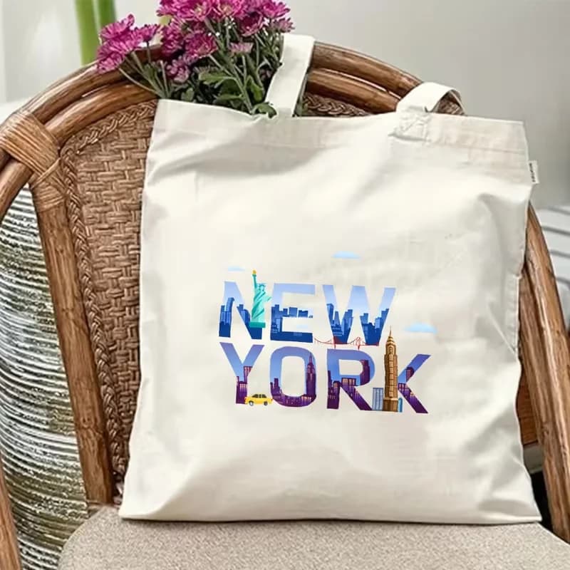 New York City Skyline Canvas Tote Bag Statue Of Liberty Taxi Letter Print Reusable Shoulder Bag Travel Shopping Handbag