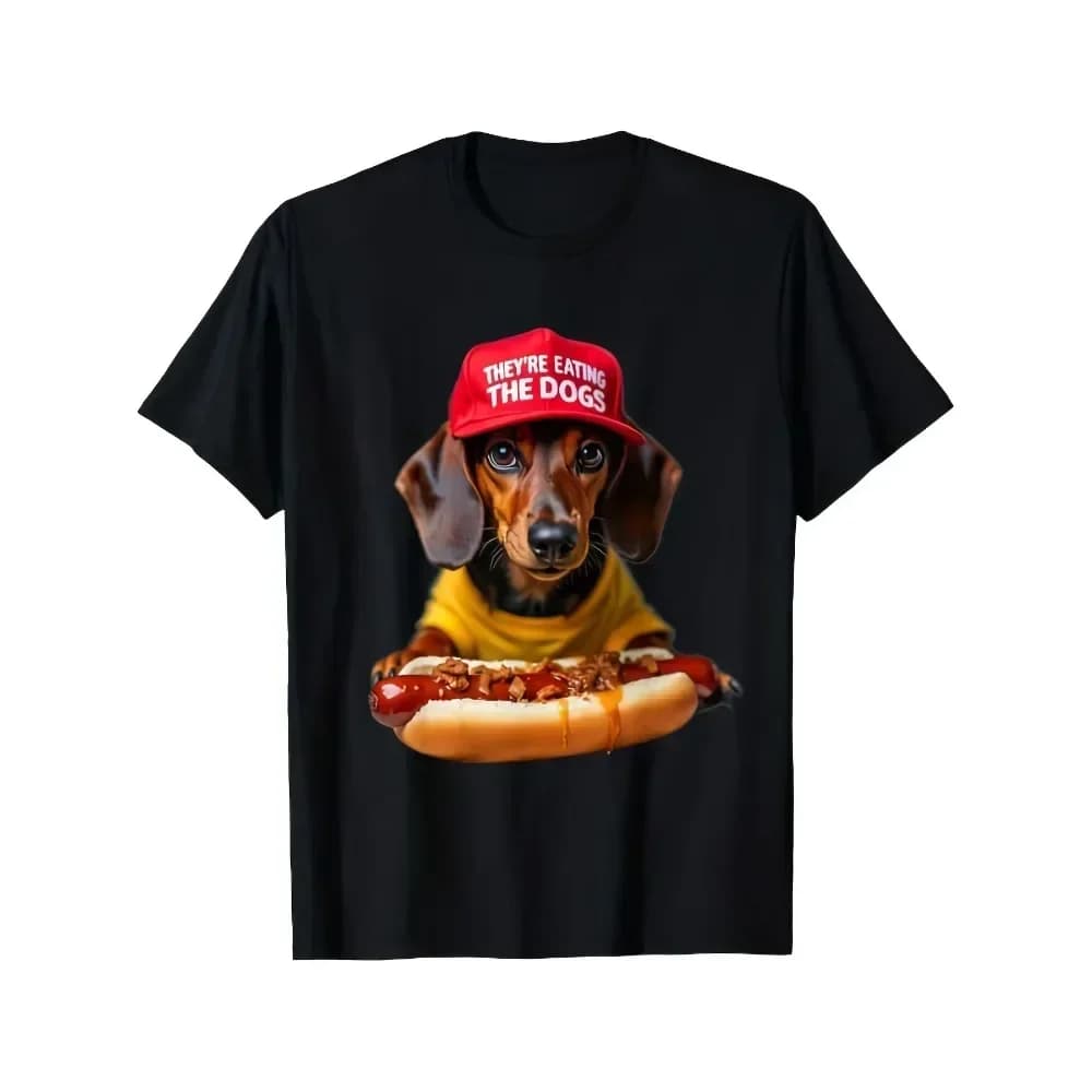Humorous Dachshund Hot Dog Graphic T-Shirt for Men - Casual Round Neck Tee Made of 100%, Black with a Print of 'They'Re Eating