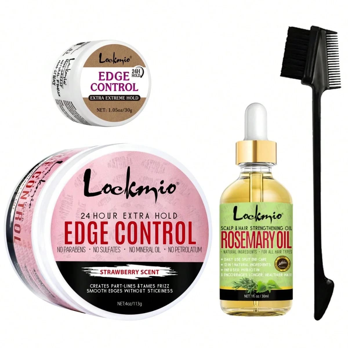 LOCKMIO Set Cera Modellante per Capelli 30g+113g, Gel a Lunga Tenuta per la Linea dei Capelli, Olio Essenziale di Rosmarino per la Crescita e Spazzola per Capelli 4pz