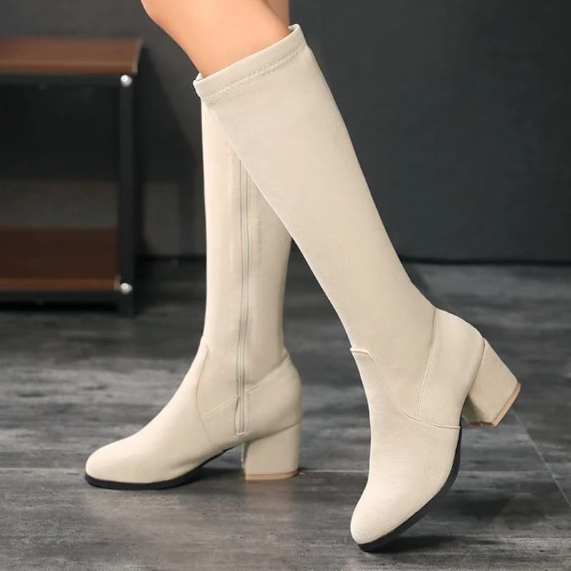 Women's Suede Leather Knee High Boots Round Toe Block Heel Stretch Fabric Thigh High Boots Autumn Winter Comfort Knee Booties