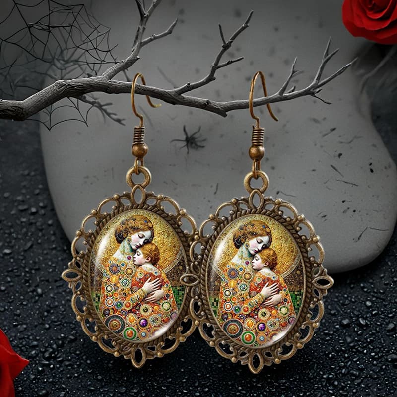 Immagine vintage per madre e bambino, cabochon in vetro ovale, orecchini a forma di amo da pesca, regali fatti a mano