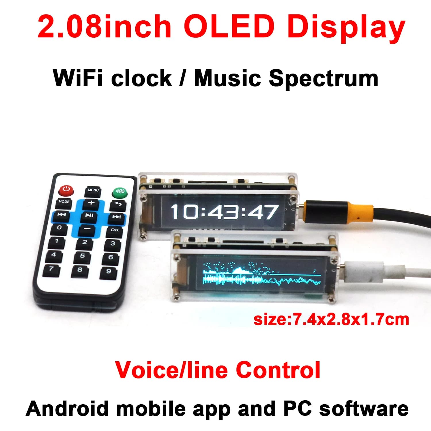 2.08 pollici OLED Wifi OROLOGIO Spettro musicale Visualizzazione TEMPO Indicazione del livello audio Ritmo dinamico VU Meter telecomando Amplificatore AUTO