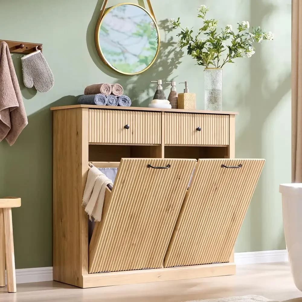 Double Hamper Cabinet with 20 Gallon Trash Bin and 2 Drawers, Wooden Concealed Garbage Cabinet with Laundry Basket, Suitable for