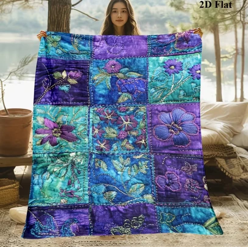 Soft Warm Flannel Patchwork Throw Blanket - Purple Floral And Checkerboard Bed Cover All-Season Sofa Bed Travel 2D Flat Style