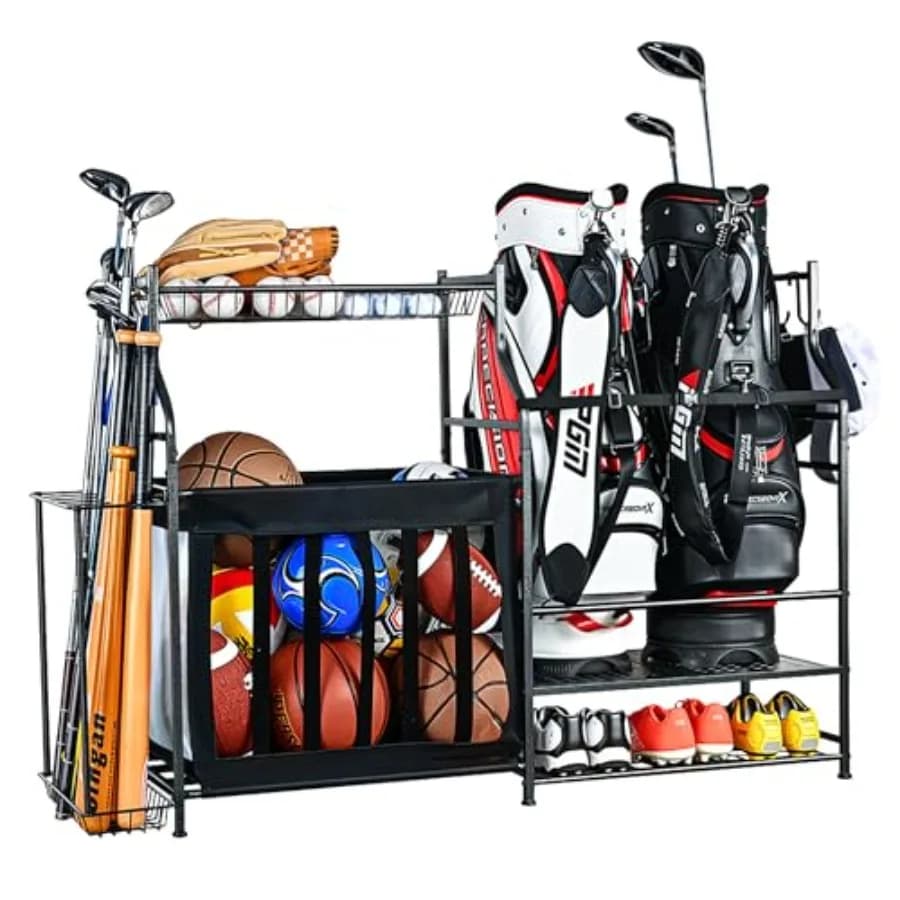 Organizzatore per Attrezzature Sportive, Porta Palloni da Garage, Supporto per 2 Sacche da Golf e Organizzatore per Attrezzature Sportive, in Metallo Grigio Resistente