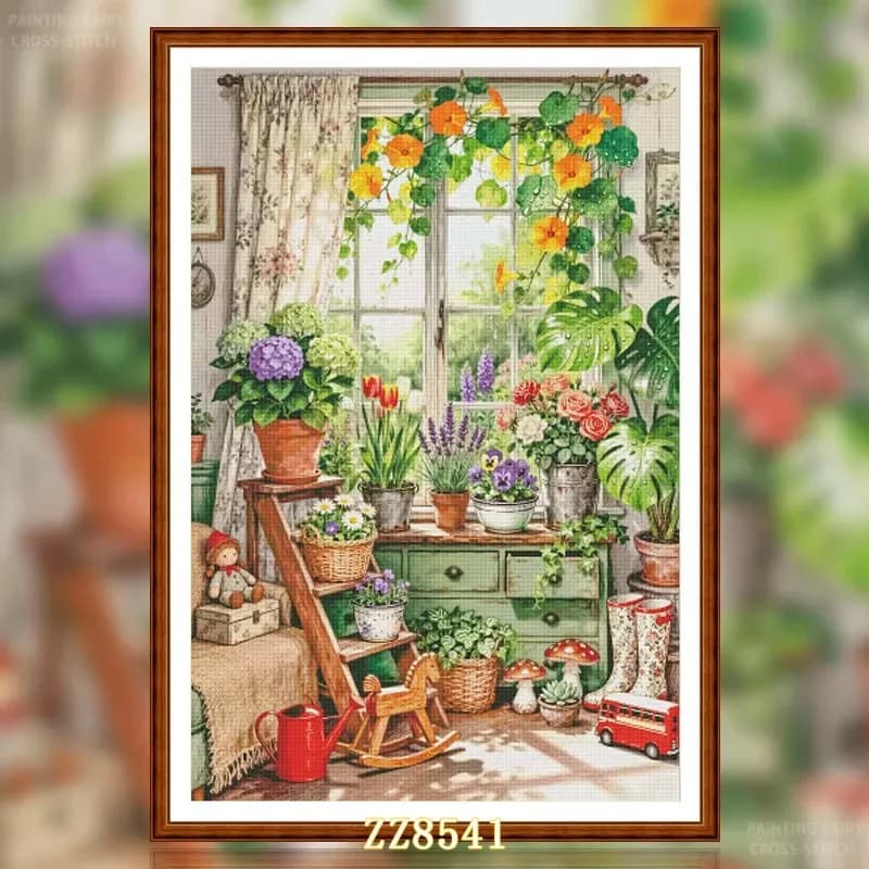 ZZ8541- Summer Flower House 14CT 16CT 18CT Stamped Canvas Cross Stitch DIY Set Needlework Embroidery 139 Colors