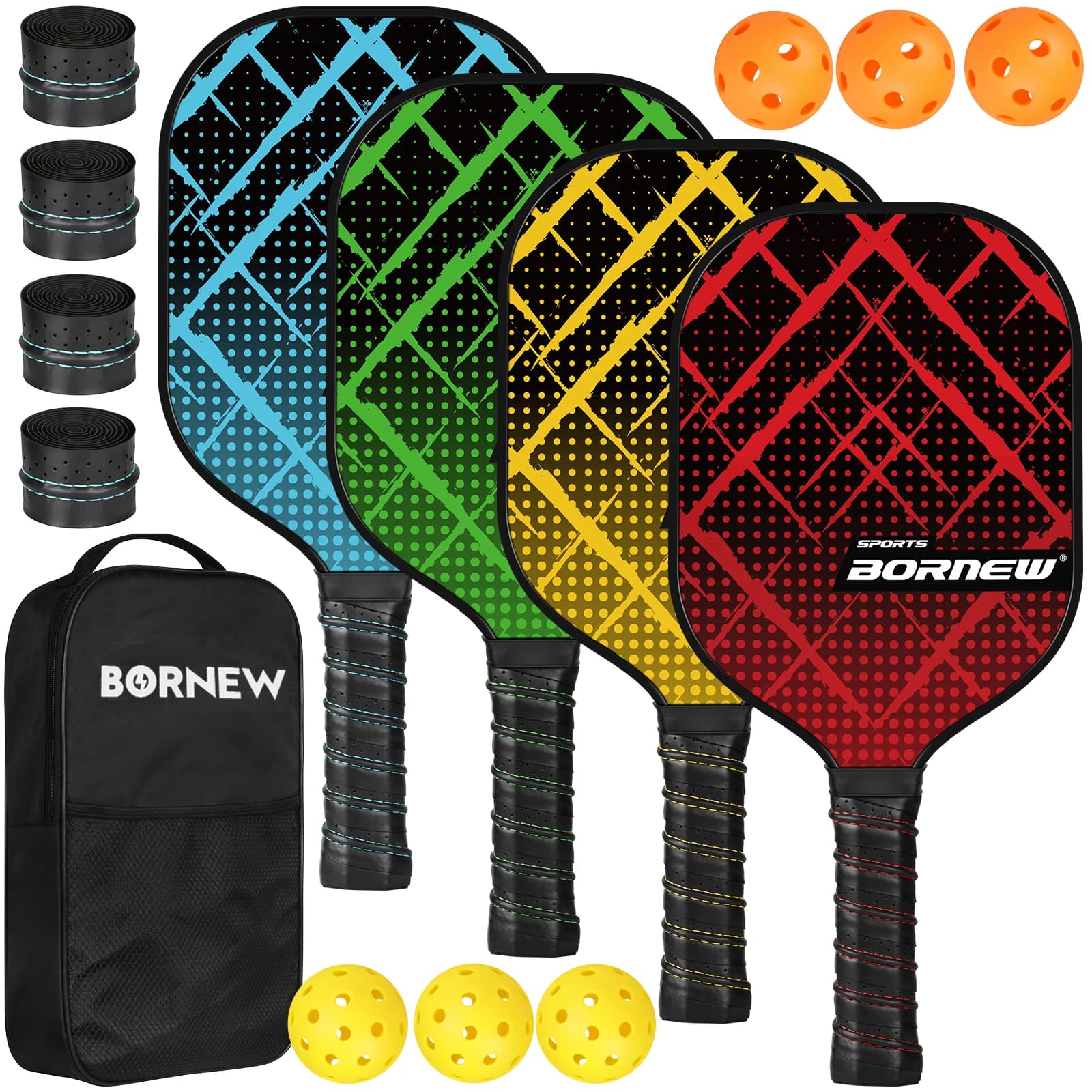 Set di 4 Racchette da Pickleball, Superficie in Fibra di Vetro, Set con 6 Palline da Pickleball, 4 Overgrip Leggeri per Principianti