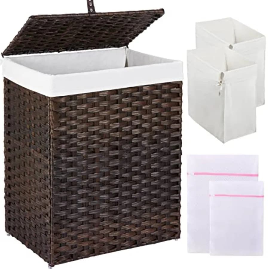 Cesto portabiancheria con coperchio, 90L, con 2 sacchi interni rimovibili e 2 sacchi in rete, in rattan sintetico intrecciato a mano