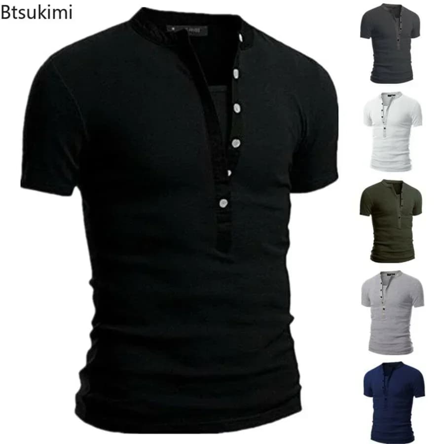 2026 Camicie casual estive da uomo Solido scollo a V Bottoni Slim Fit T-shirt per uomo Moda Manica corta Tees Top Abbigliamento uomo S-3XL