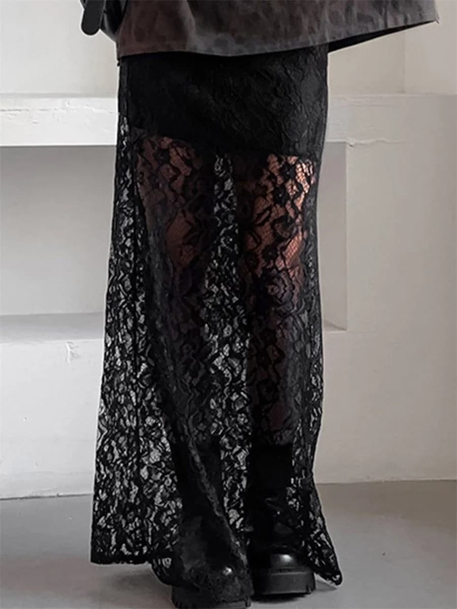 Gonne lunghe patchwork in pizzo da donna Gonne lunghe trasparenti a vita alta vintage tinta unita Gonne sottili Gonne eleganti dal temperamento