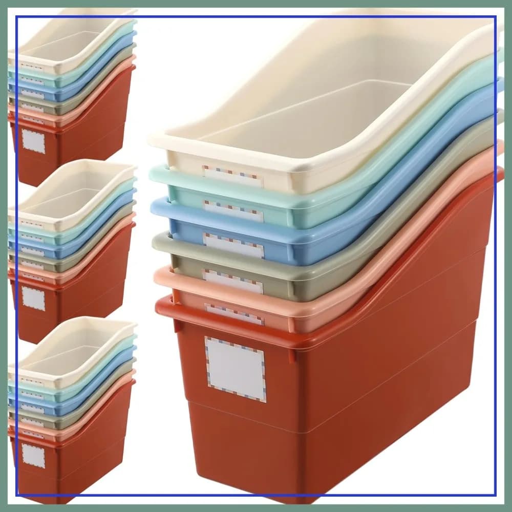 24 contenitori portaoggetti per libri con etichette, porta documenti in plastica ad incastro per ufficio, aula, casa, colori classici