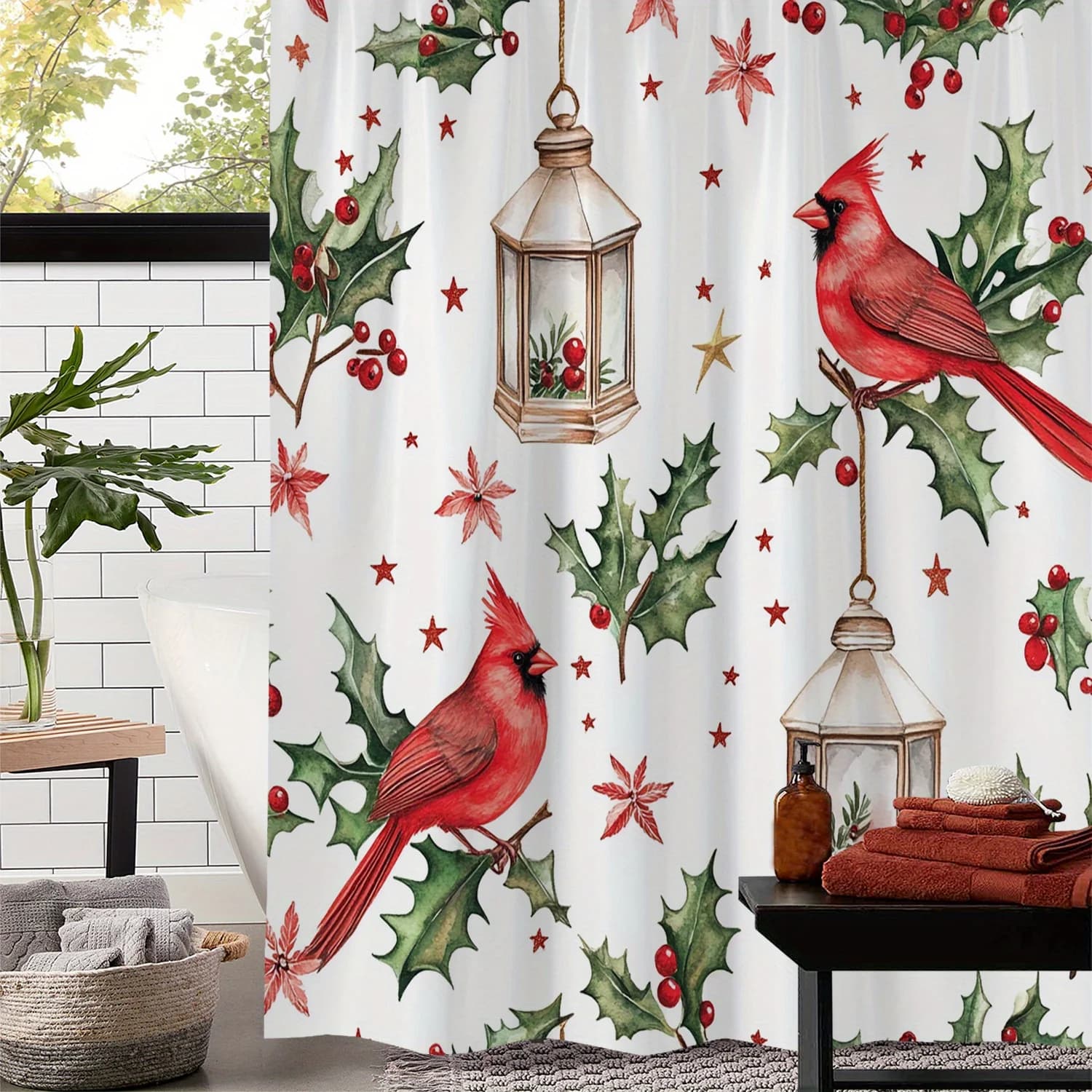 Tenda da doccia natalizia festosa Holly & Cardinal, poliestere lavabile in lavatrice, design artistico