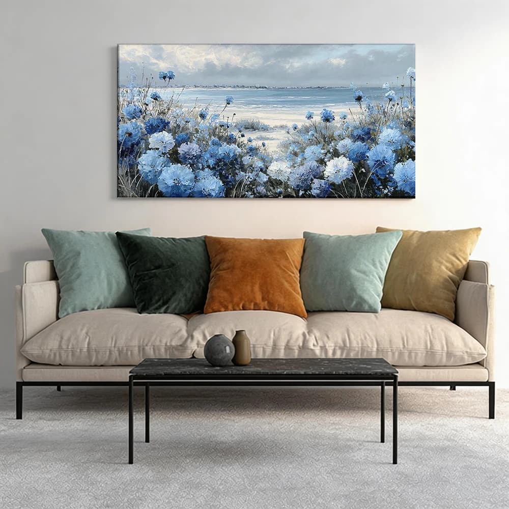 Painted on canvas with large wooden frame, 1 piece, Blue flowers, sea, clouds.