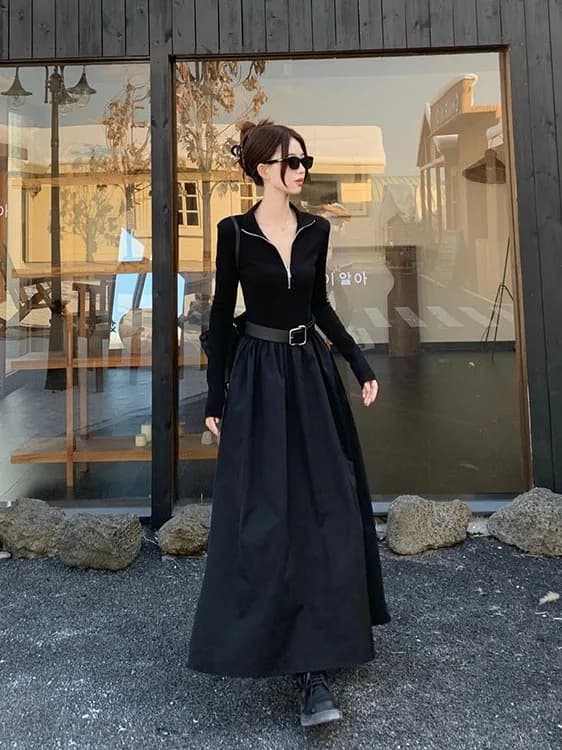 Elegant Black Long Sleeve Zipper Dress Women's Autumn Winter New Design Sensation plus Size Dress Stylish Long Gown