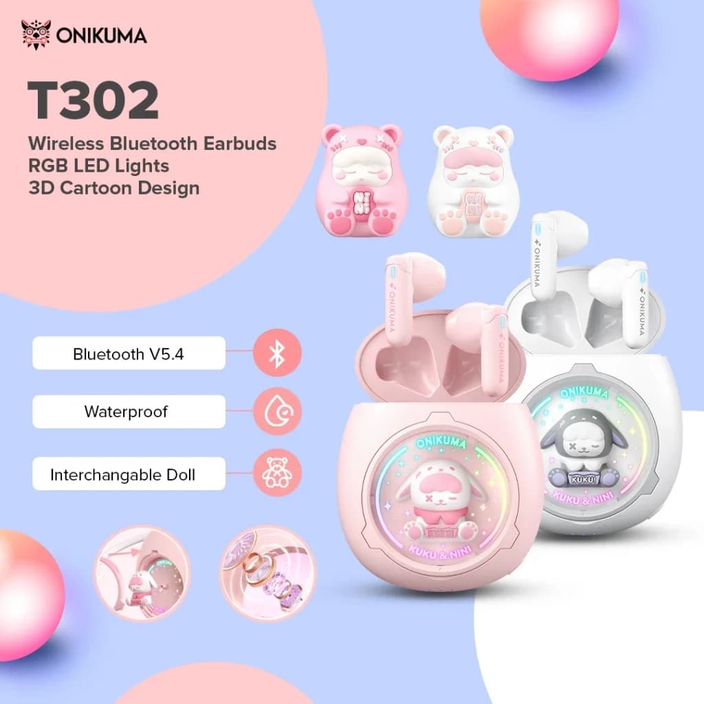 ONIKUMA T302 NUOVE cuffie BT wireless con capsula spaziale per animali domestici carine: semi-in-ear da donna, cancellazione del rumore, musica/sport/giochi,