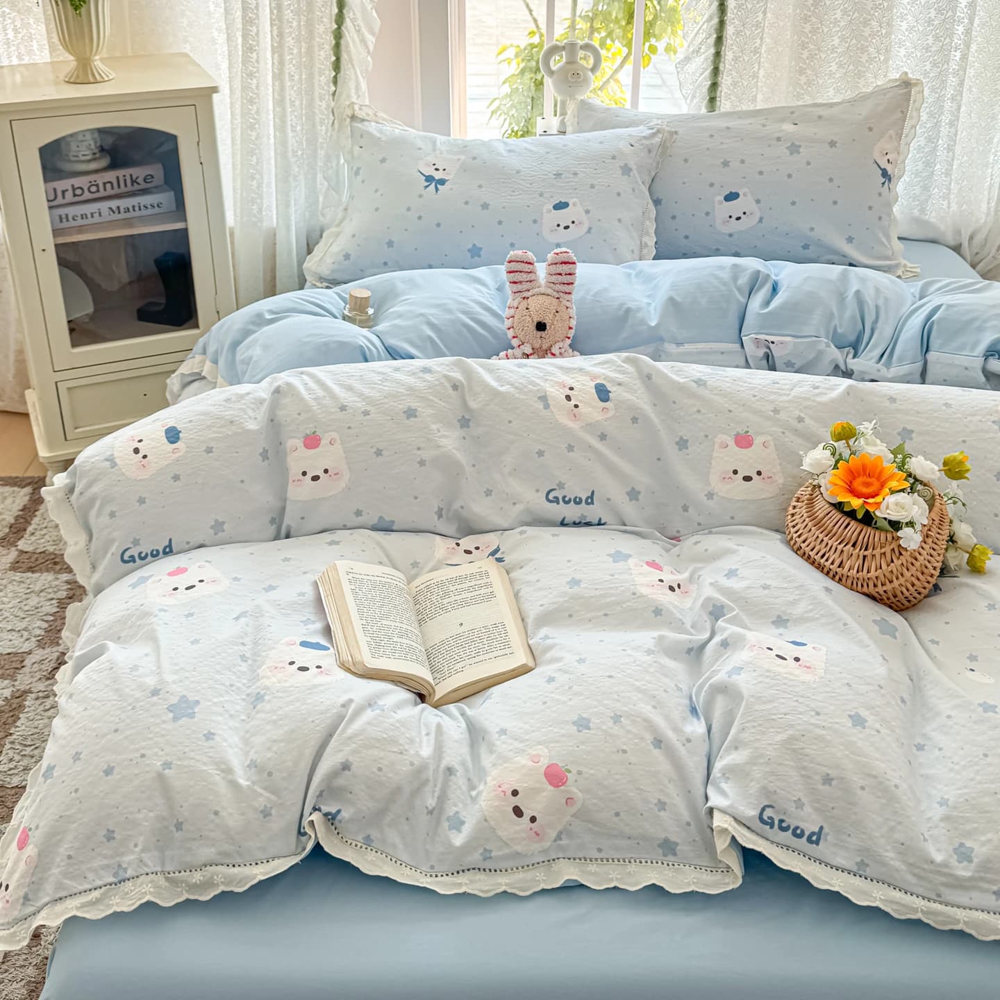 Double Lace Bed Linen Set, Carton Style, for Single Bed/Matrimonial/King Size - Complete Set Cover