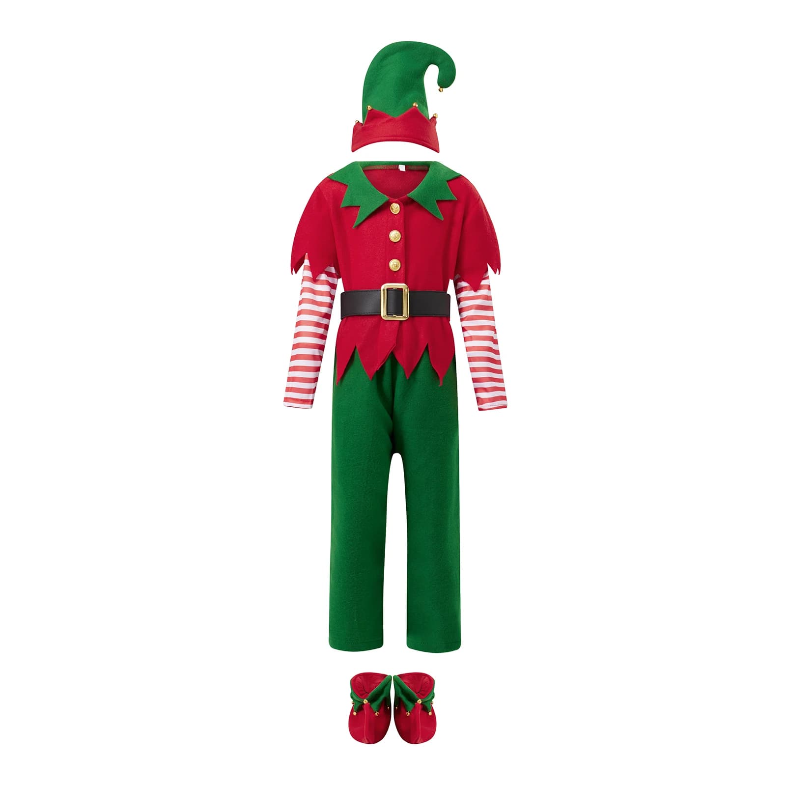 Christmas elf dress for boys with long sleeve pants, hat, belt and socks for cosplay parties, fun and cheerful holidays
