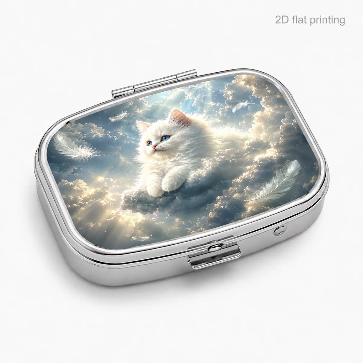 1 Piece, Flat, with Cloud-Feather White Cat Pattern, Portable Medicine Box for Daily Travel, Square Moisture-Proof Small Medicine Box, Multifunctional Storage Box for Vitamins and Nutritional Supplements, Small Jewelry Storage Box, Waterproof Medicine Box, Holiday Gift