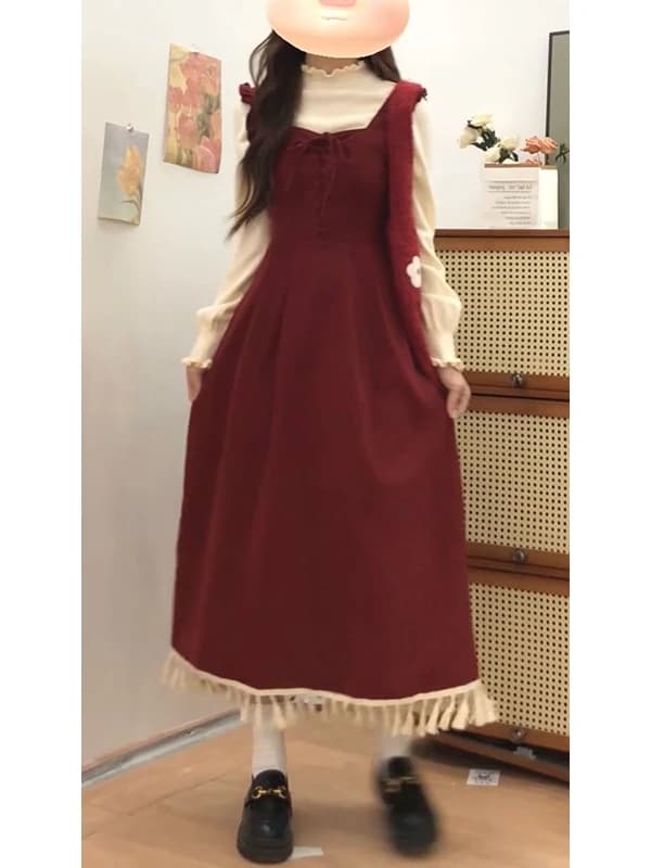 Elegant Red Tassel Vest Dress Two-Piece Set College Style Layered Base Shirt Skirt Fashionable Women's Ensemble Winter Wear