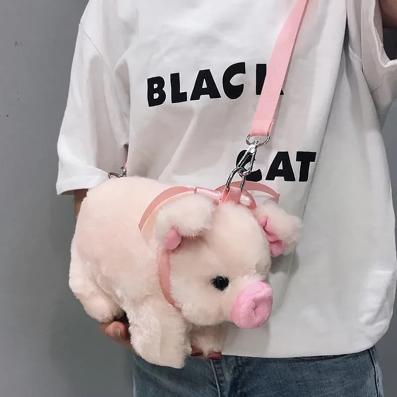Cute Pink Pig Plush Crossbody Bag for Women Girls Kawaii Fluffy Animal Shoulder Bag Purse