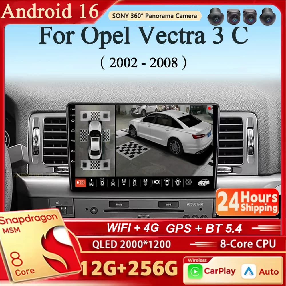 Autoradio Android 16 with Navigation, Multimedia Stereo, Carplay and Auto for Opel Vectra 3 C 2002-2008