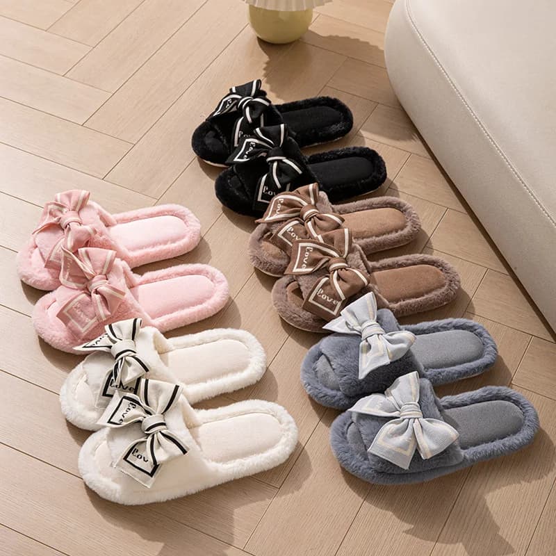 Women's Slippers Love Fluffy with bow, luxury, signed, low shoes in synthetic fur, elegant home slippers with soft sole for spring and autumn