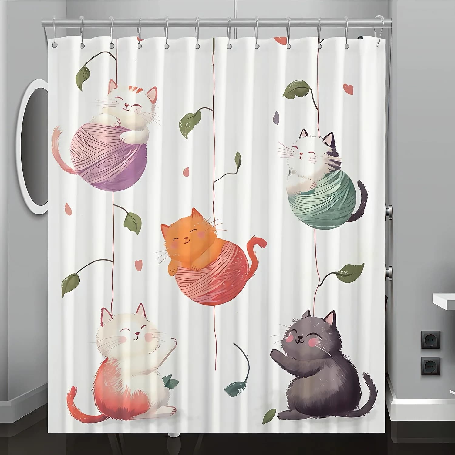 Tenda da doccia stampata digitale con motivo gattino simpatico cartone animato, tessuto in poliestere reversibile intrecciato quattro stagioni