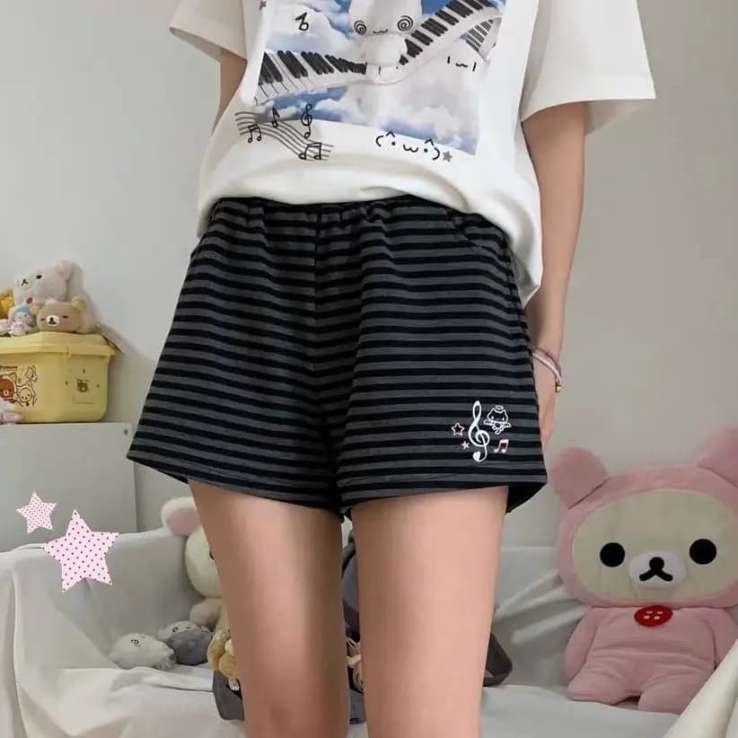 Kawaii Note Y2K Japanese Style High Waist Striped Wide Leg Casual Shorts Women Summer Straight Tube Skirt Sleeve Tops
