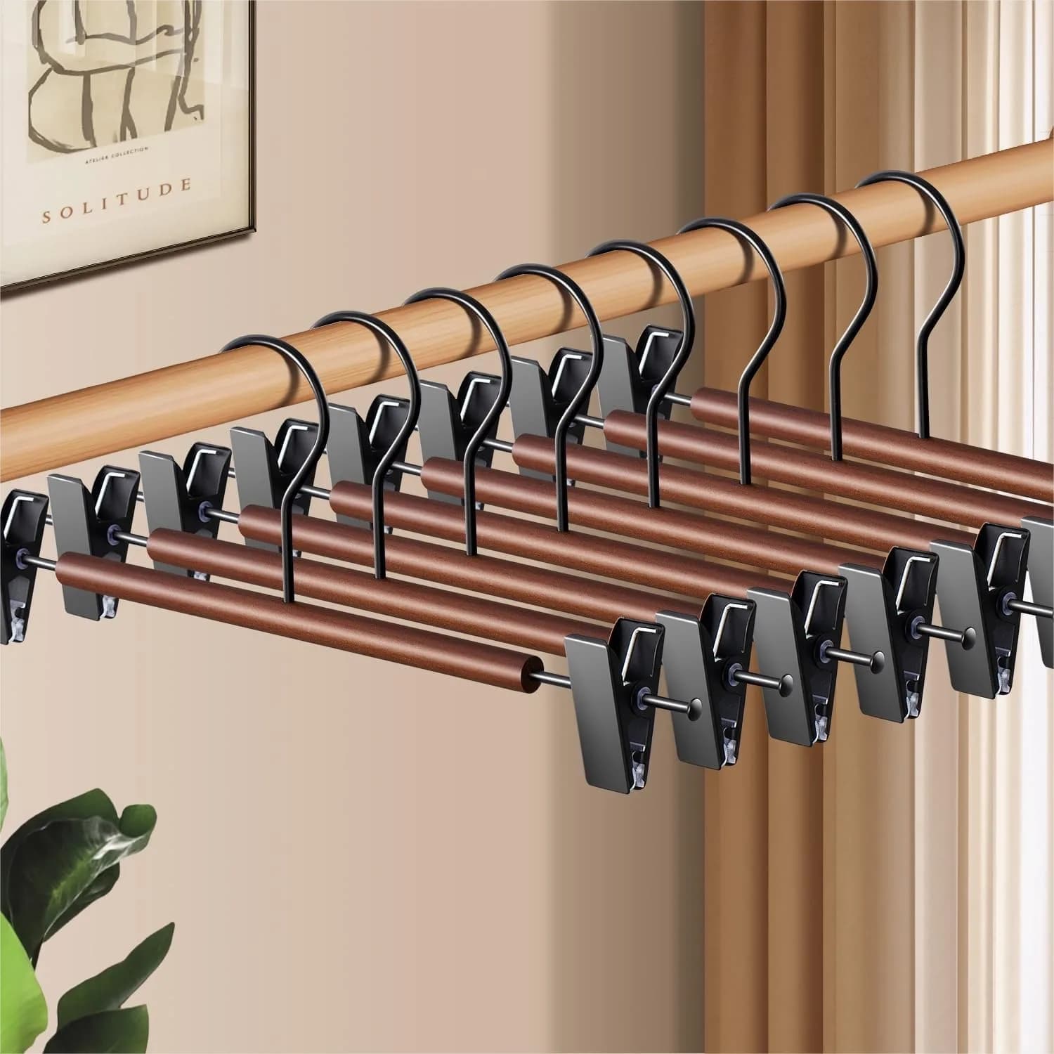 Wooden Pants Hangers with Clips 20 Pack Adjustable Skirt Hangers for Women Men Space Saving Non Slip Clothes Hanger for Jeans