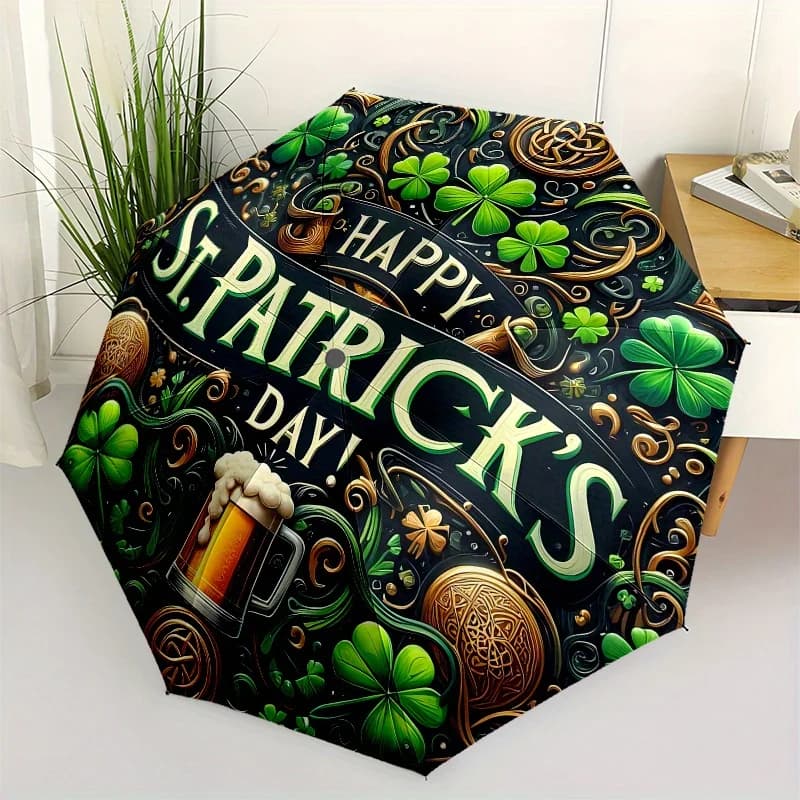 Tazza per la festa di San Patrizio con design a trifoglio e birra - Ombrello con design simpatico, portatile e compatto a 3 sezioni