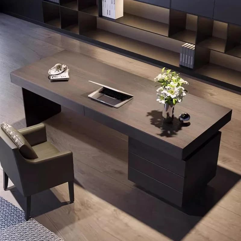 Scrivania Moderna in Legno con Cassetto e Mobile Contenitore, Gambe in Acciaio Inossidabile, Tavolo da Scrittura per Ufficio Domestico o Studio