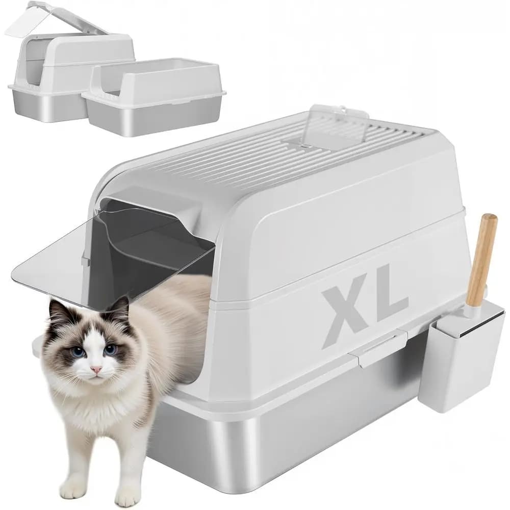 Lettiera per Gatti in Metallo Extra Large con Coperchio, Bordi Alti, Anti-Perdita, Facile da Pulire, Controllo Odori (Bianca)