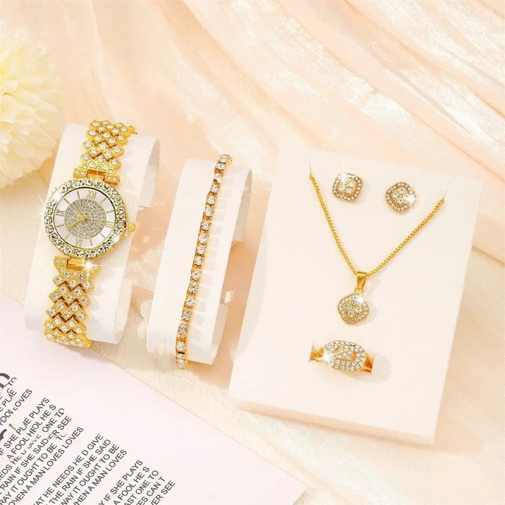 Set of 6 Pieces of Fashion Jewelry with Polished Rhinestones, Luxurious Set with Quartz Crystal Clock, Simple Necklace, Bracelet and Earrings for Ladies