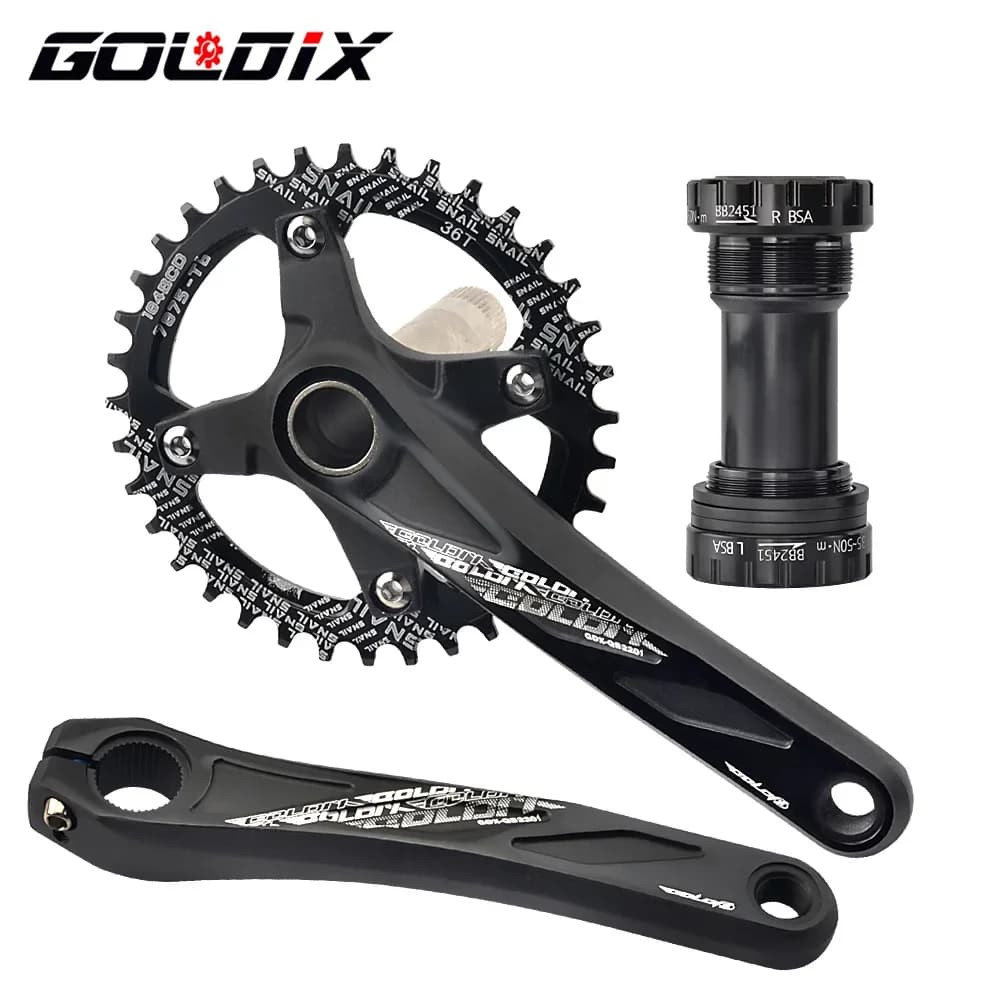 GOLDIX Manovella per bicicletta Corona 104BCD MTB Manovella per bici in lega di alluminio con fondo 165/170/175mm Manovella nera 32T 34T 36T 38T Piastra
