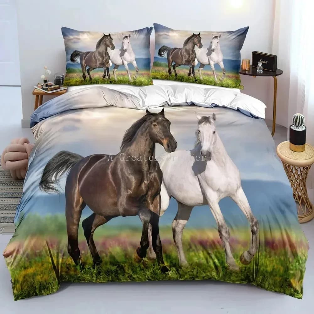 Set di biancheria da letto con stampa cavalli, copripiumino morbido, set copripiumino e federe, lenzuola con animali, per letto singolo, matrimoniale, queen, king, ideale come regalo
