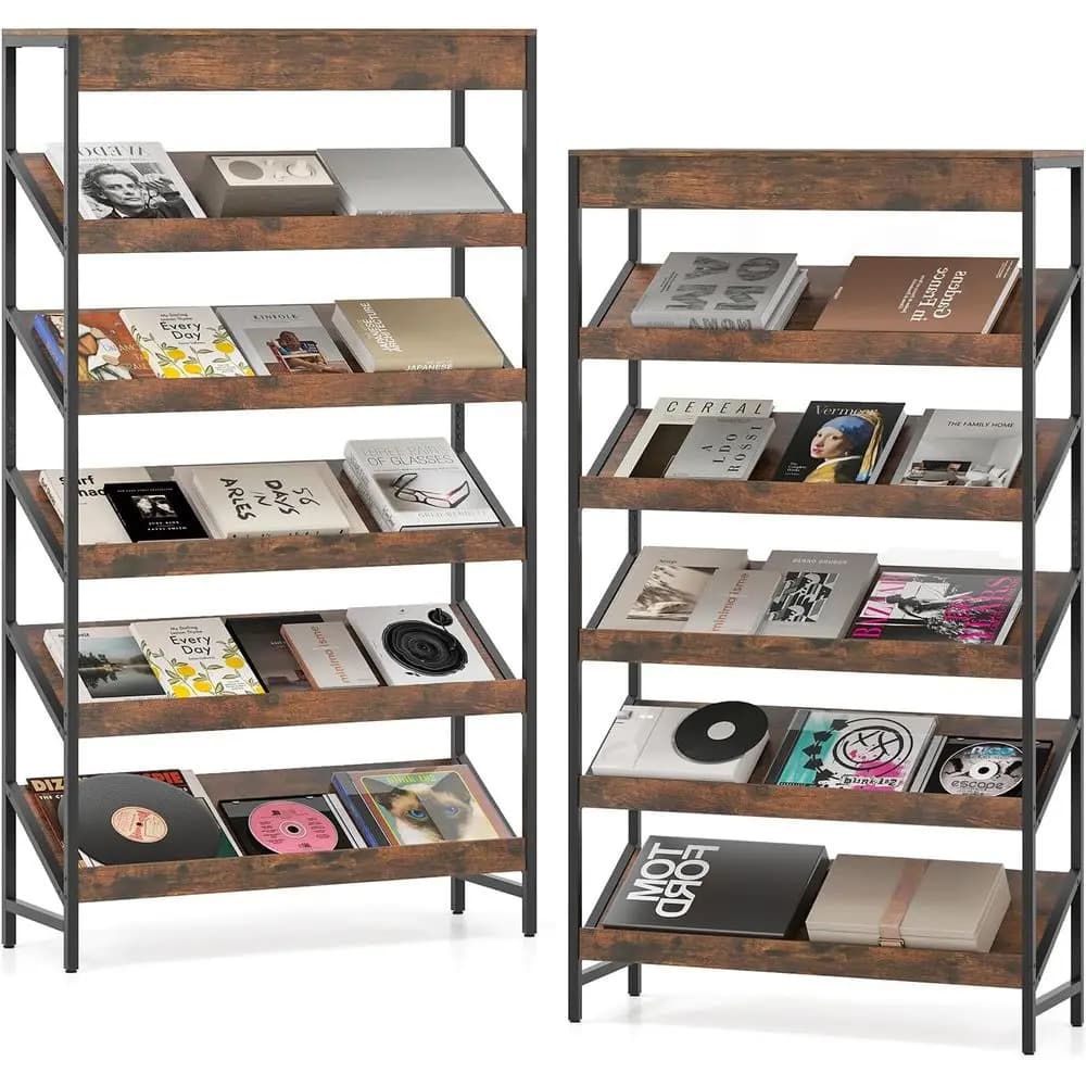 Libreria Alta a 6 Ripiani con Mensole Angolate, Organizzatore in Stile Industriale Marrone Rustico per Casa o Ufficio